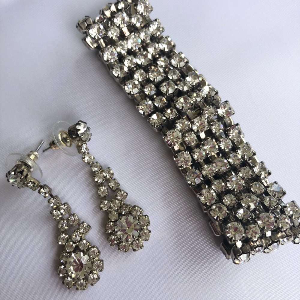 Multi row faux diamond bracelet and faux diamond earrings